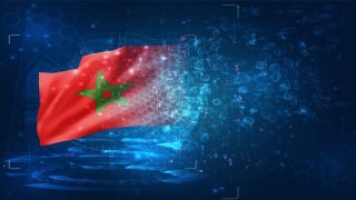 Morocco, vector 3d flag on blue background with hud interfaces
