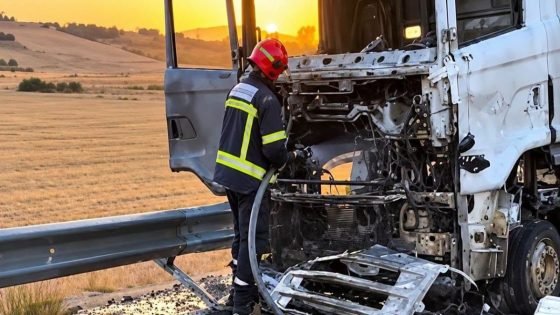 اصطدام شاحنتين محملتين بالحديد وغاز البوطان يشعل النيران بابن أحمد
